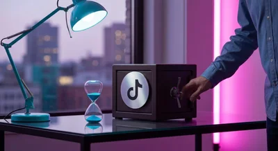 TikTok logo en placa de caja fuerte antigua sobre mesa