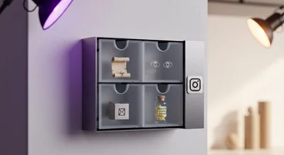 Vitrina moderna con cuatro cajones de vidrio esmerilado mostrando historias Instagram